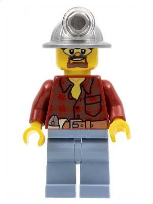 This LEGO minifigure is called, Flannel Shirt with Pocket and Belt, Sand Blue Legs, Mining Helmet, Safety Goggles . It's minifig ID is cty0309.
