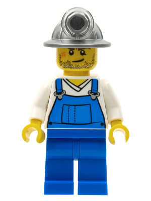 Display of LEGO City Miner, Overalls Blue over V-Neck Shirt, Blue Legs, Mining Helmet, Crooked Smile and Scar