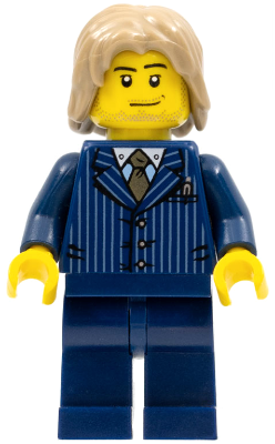 This LEGO minifigure is called, Businessman, Pinstripe Jacket and Gold Tie, Dark Blue Legs, Dark Tan Mid-Length Tousled Hair, Smirk and Stubble . It's minifig ID is cty0315.