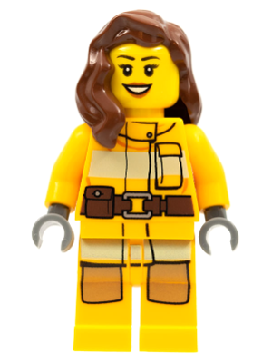 This LEGO minifigure is called, Fire, Bright Light Orange Fire Suit with Utility Belt, Reddish Brown Female Hair over Shoulder . It's minifig ID is cty0337.