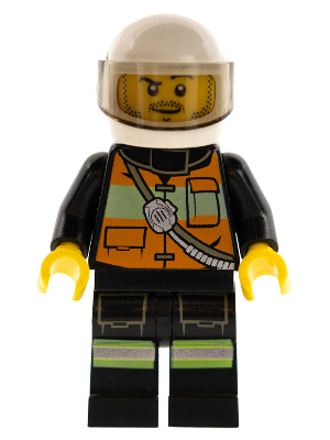 This LEGO minifigure is called, Fire, Reflective Stripe Vest with Pockets and Shoulder Strap, White Helmet . It's minifig ID is cty0344.