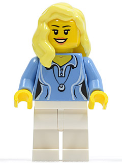 Display of LEGO City Medium Blue Female Shirt with Two Buttons and Shell Pendant, White Legs, Bright Light Yellow Female Hair over Shoulder