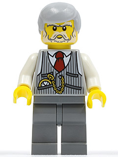 This LEGO minifigure is called, Pinstripe Vest, Red Tie and Pocket Watch, Dark Bluish Gray Legs, Light Bluish Gray Male Hair . It's minifig ID is cty0353.