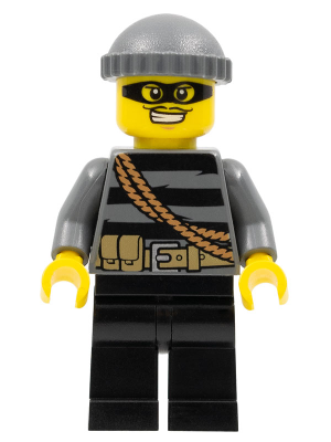This LEGO minifigure is called, Police, City Burglar, Dark Bluish Gray Knit Cap, Mask . It's minifig ID is cty0358.