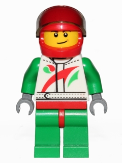 Display of LEGO City Race Car Driver, White Race Suit with Octan Logo, Red Helmet with Trans-Black Visor, Crooked Smile with Brown Dimple
