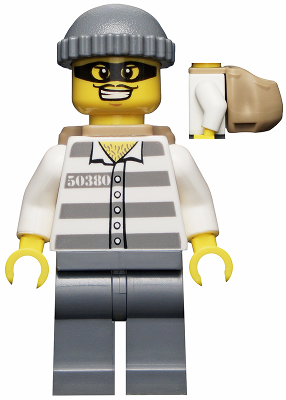 This LEGO minifigure is called, Police, Jail Prisoner 50380 Prison Stripes, Dark Bluish Gray Legs, Dark Bluish Gray Knit Cap, Backpack, Mask . It's minifig ID is cty0392.