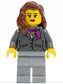 This LEGO minifigure is called, Dark Bluish Gray Jacket with Magenta Scarf, Light Bluish Gray Legs, Reddish Brown Female Hair over Shoulder, Red Lips . It's minifig ID is cty0419.