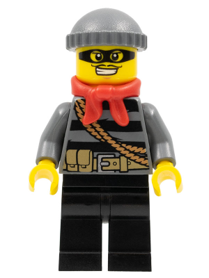 Display of LEGO City Police, City Burglar, Dark Bluish Gray Knit Cap, Red Bandana, Mask