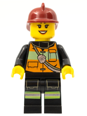 Display of LEGO City Fire, Reflective Stripe Vest with Pockets and Shoulder Strap, Dark Red Fire Helmet, Black Eyebrows