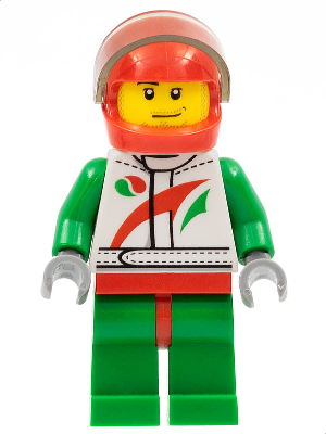 Display of LEGO City Race Car Driver, White Race Suit with Octan Logo, Red Helmet with Trans-Black Visor, Smirk and Stubble Beard