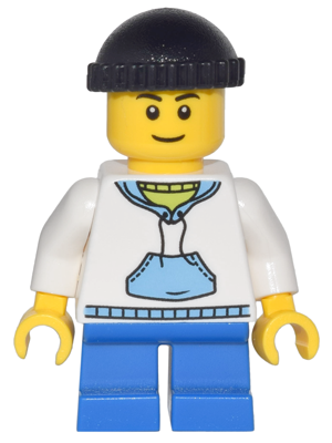 Display of LEGO City White Hoodie with Blue Pockets, Blue Short Legs, Black Knit Cap