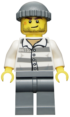 Display of LEGO City Police, Jail Prisoner 86753 Prison Stripes, Dark Bluish Gray Knit Cap