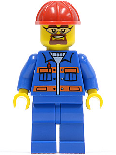 Display of LEGO City Blue Jacket with Pockets and Orange Stripes, Blue Legs, Red Construction Helmet, Safety Goggles