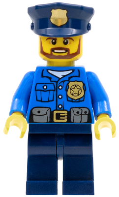This LEGO minifigure is called, Police, City Officer, Gold Badge, Police Hat, Beard . It's minifig ID is cty0477.