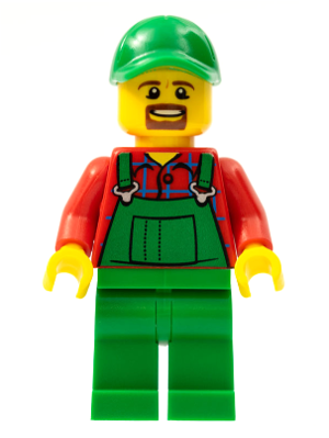 This LEGO minifigure is called, Overalls Farmer Green, Green Cap with Hole, Brown Moustache and Goatee . It's minifig ID is cty0499.