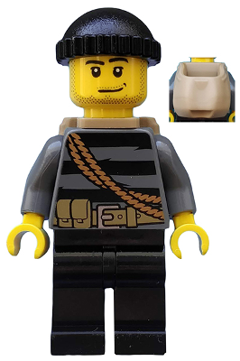 This LEGO minifigure is called, Police, City Burglar, Knit Cap and Open Backpack . It's minifig ID is cty0501.