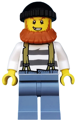 Display of LEGO City Swamp Police, Crook Male with Black Knit Cap and Dark Orange Beard