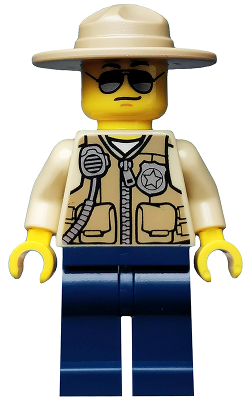 This LEGO minifigure is called, Swamp Police, Officer, Vest, Dark Tan Hat, Sunglasses . It's minifig ID is cty0516.