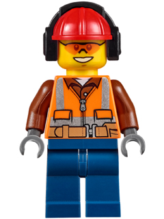 This LEGO minifigure is called, Construction Worker, Male, Orange Safety Vest, Reflective Stripes, Reddish Brown Shirt, Dark Blue Legs, Red Construction Helmet with Black Headphones, Orange Safety Glasses . It's minifig ID is cty0527.