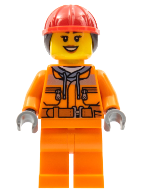 This LEGO minifigure is called, Construction Worker, Female, Orange Safety Jacket, Reflective Stripe, Sand Blue Hoodie, Orange Legs, Red Construction Helmet with Dark Brown Hair, Peach Lips . It's minifig ID is cty0528.