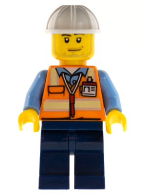 This LEGO minifigure is called, Space Engineer, Male, Orange Vest, Dark Blue Legs, White Construction Helmet, Stubble . It's minifig ID is cty0557.