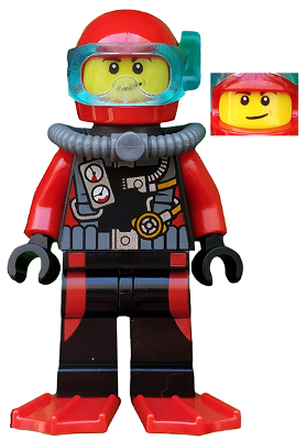 This LEGO minifigure is called, Scuba Diver, Male, Red Flippers . It's minifig ID is cty0558.