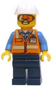 This LEGO minifigure is called, Space Engineer, Male, Orange Vest, Dark Blue Legs, White Construction Helmet, Goggles . It's minifig ID is cty0600.