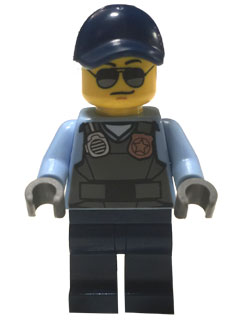 This LEGO minifigure is called, Police, City Officer, Sunglasses, Gray Vest with Radio and Gold Badge, Dark Blue Legs, Dark Blue Cap . It's minifig ID is cty0619.