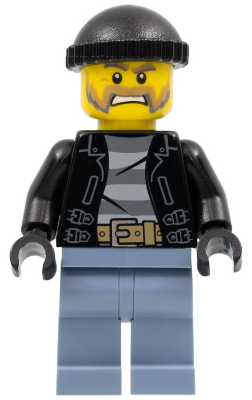 Display of LEGO City Police, City Bandit Male with Brown and Gray Beard, Black Knit Cap