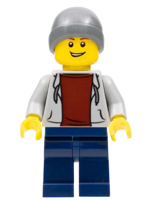 This LEGO minifigure is called, Light Bluish Gray Hoodie with Dark Red Shirt, Dark Bluish Gray Beanie, Dark Blue Legs . It's minifig ID is cty0654.