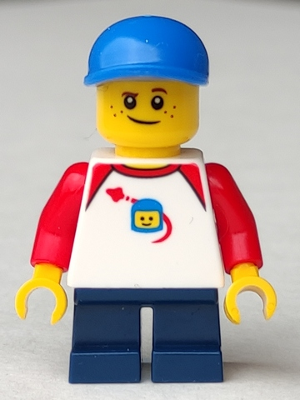 This LEGO minifigure is called, Boy, Freckles, Classic Space Shirt with Red Sleeves, Dark Blue Short Legs . It's minifig ID is cty0662.