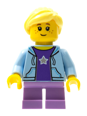 This LEGO minifigure is called, Girl, Bright Light Blue Hoodie, Medium Lavender Short Legs . It's minifig ID is cty0665.