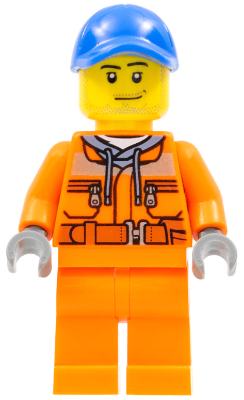 This LEGO minifigure is called, Tow Truck Driver, Male, Orange Safety Jacket, Reflective Stripe, Sand Blue Hoodie, Orange Legs, Blue Cap with Hole, Stubble . It's minifig ID is cty0674.