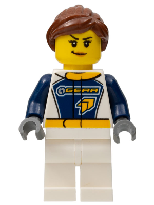 This LEGO minifigure is called, Dragster Transport Truck Driver, GEAR Logo . It's minifig ID is cty0750.