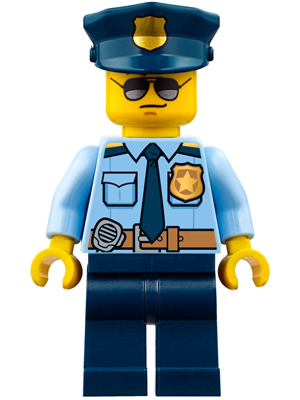 Display of LEGO City Police, City Officer Shirt with Dark Blue Tie and Gold Badge, Dark Tan Belt with Radio, Dark Blue Legs, Police Hat with Gold Badge, Sunglasses
