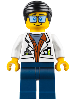 Display of LEGO City City Jungle Scientist, White Lab Coat with Test Tubes, Dark Blue Legs, Black Smooth Hair