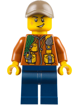 Display of LEGO City City Jungle Explorer, Dark Orange Jacket with Pouches, Dark Blue Legs, Dark Tan Cap with Hole, Cheek Scuff