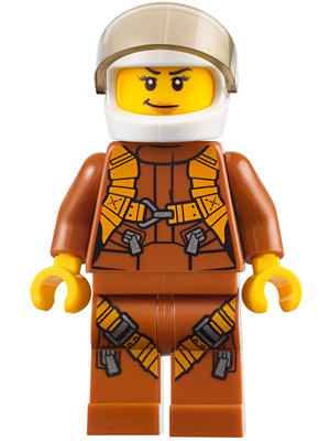 Display of LEGO City City Jungle Helicopter Pilot Female, Dark Orange Jumpsuit, Dark Orange Legs with Straps, White Helmet, Trans-Black Visor, Peach Lips