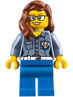 Display of LEGO City Coast Guard City, Female ATV Driver, Reddish Brown Female Hair over Shoulder