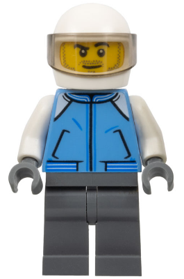 This LEGO minifigure is called, Helicopter Pilot, Medium Blue Jacket . It's minifig ID is cty0839.