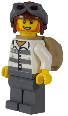 Display of LEGO City Mountain Police, Jail Prisoner 86753 Prison Stripes, Aviator Helmet, Backpack