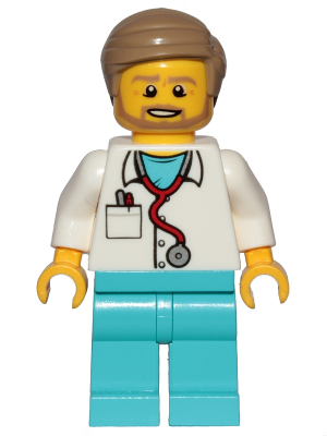This LEGO minifigure is called, Doctor, Stethoscope, Medium Azure Legs, Dark Tan Smooth Hair, Beard . It's minifig ID is cty0898.