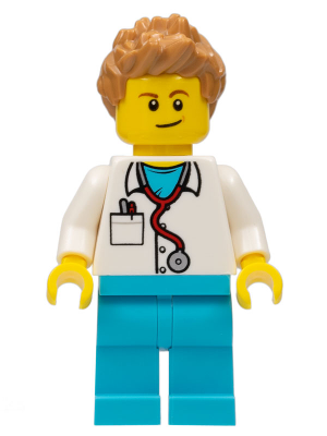 This LEGO minifigure is called, Doctor, Stethoscope, Medium Azure Legs, Medium Nougat Spiked Hair . It's minifig ID is cty0899.