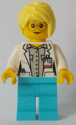 This LEGO minifigure is called, White Shirt over Light Bluish Gray Shirt, Name Tag, Medium Azure Legs, Bright Light Yellow Female Hair, Glasses . It's minifig ID is cty0901.