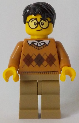 This LEGO minifigure is called, Medium Nougat Argyle Sweater, Dark Tan Legs, Black Hair, Large Round Glasses . It's minifig ID is cty0902.