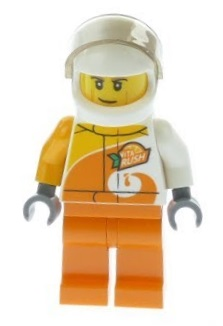 Display of LEGO City Desert Rally Racer Driver with Orange 'VITA RUSH' Logo