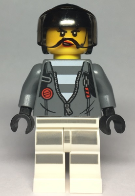 This LEGO minifigure is called, Sky Police, Jail Prisoner Jacket over Prison Stripes, Female, Black Helmet . It's minifig ID is cty0994.
