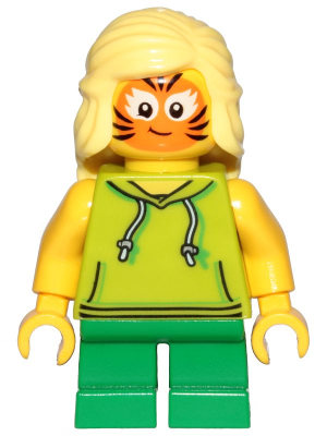 Display of LEGO City Girl, Lime Hoodie, Green Short Legs, Orange Cat Face Paint