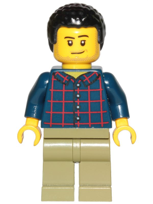 Display of LEGO City Dad, Dark Blue Plaid Button Shirt, Olive Green Legs, Black Hair Male with Coiled Texture