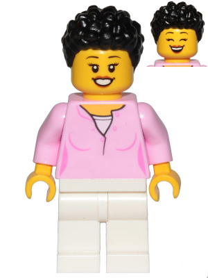 Display of LEGO City Mom, Bright Pink Female Top, White Legs, Black Hair Coiled and Short